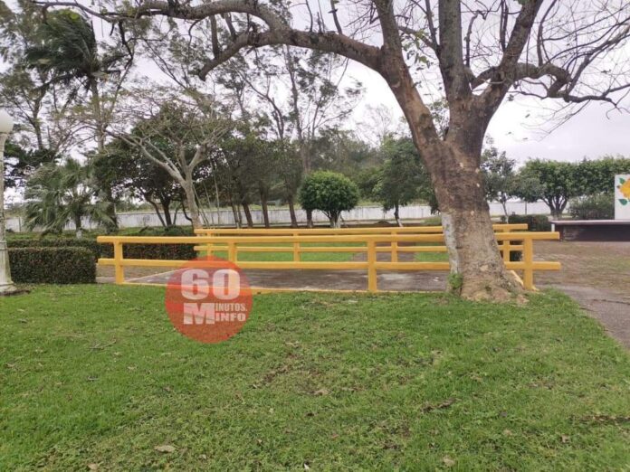 Con fines políticos pintan de amarillo el parque Los Tulipanes de Nanchital2