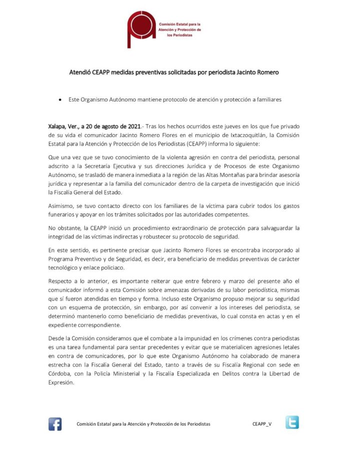 Atendió CEAPP medidas preventivas solicitadas por periodista Jacinto Romero
