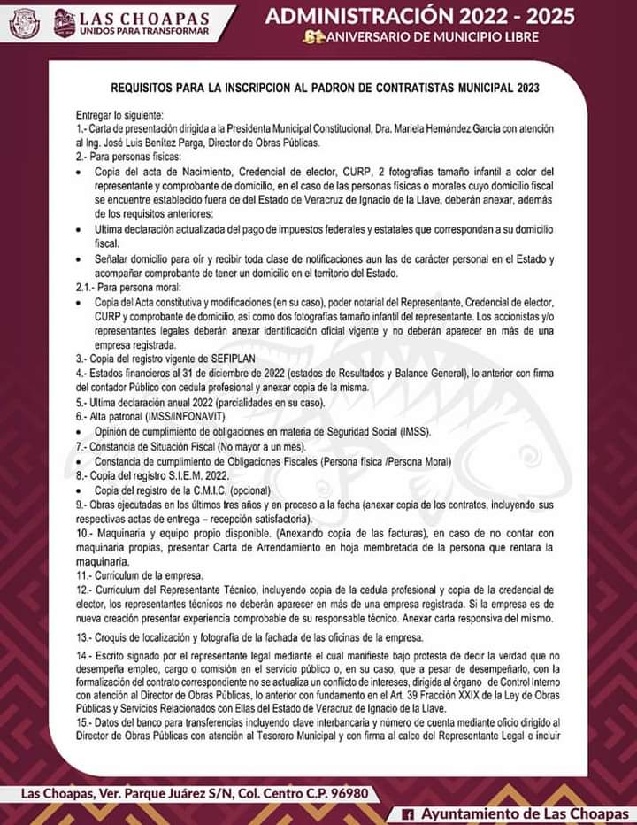 REQUISITOS PARA LA INSCRIPCION AL PADRON DE CONTRATISTAS MUNICIPAL 2023 ...